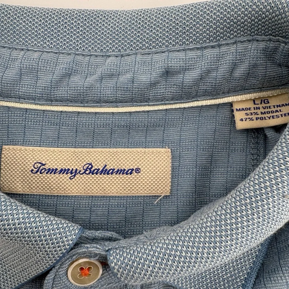 Tommy Bahama Mens Large Blue Textured Grid Modal Blend Short Sleeve Polo Shirt